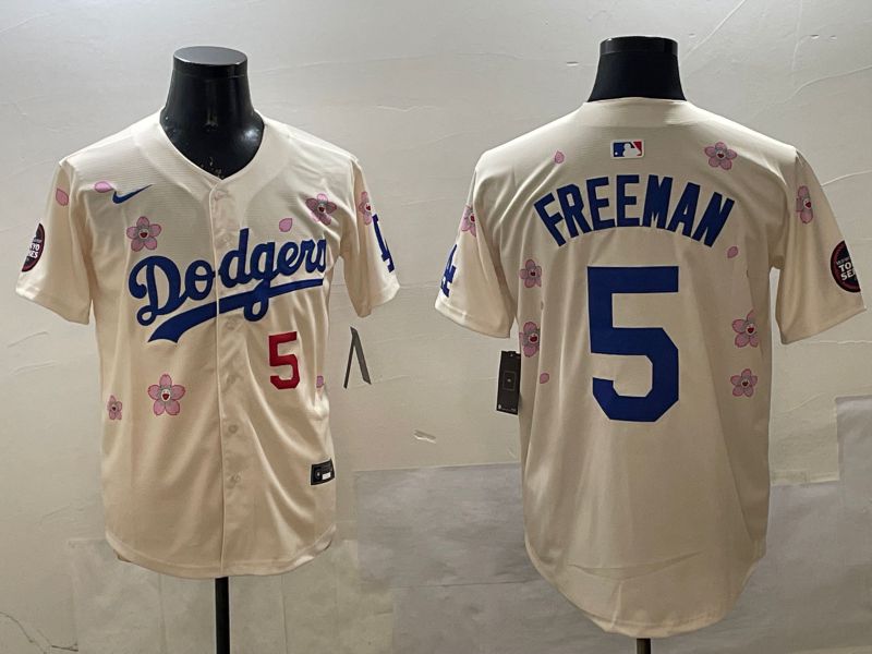 Men Los Angeles Dodgers 5 Freeman Cream Sakura Edition 2025 Nike MLB Jersey style 4